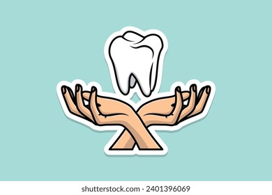 Dentist Tooth with Hands Sticker design vector illustration. Healthcare and medical objects icon concept. Dentist tooth and dentist hands sticker design icons logo with shadow.