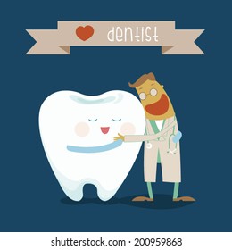 Dentist and tooth hug each other