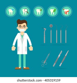Dentist with tooth icons isolated, vector illustration