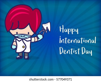 A dentist with a tooth removed in his forceps. International Dentist Day horizontal poster with blue background