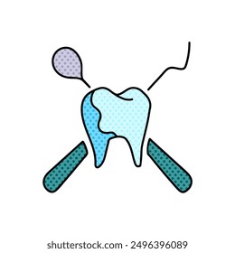 Diente de dentista y herramientas de medio tono dibujado a mano Ilustración vectorial de color