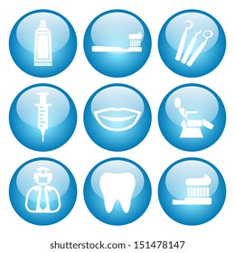 Dentist and Toothcare Icon Set Vector glass button icon set, colors can be easily adjusted.