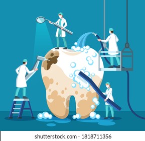 Dentist treating tooth. Small stomatologist, doctor clean big unhealthy tooth with toothpaste, toothbrush and medical tools, drilling caries, cleaning plaque removal procedure dentistry vector concept