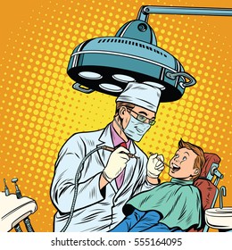 Dentist treats teeth boy. Pop art retro vector illustration. Medicine and health care. happy patient