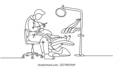 A dentist treats the teeth of a patient who is sitting in a dental chair. Prevention, treatment and professional oral hygiene. Isolated vector on white background.