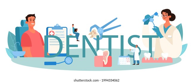 Dentist typographic header. Dental doctor in uniform treating human teeth using medical equipment. Idea of dental and oral care. Caries treatment. Flat vector illustration