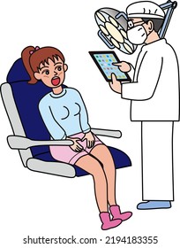 Dentista que usa un comprimido para diagnosticar a una paciente femenina