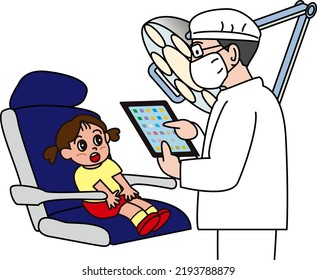 Dentist using a tablet to diagnose a girl
