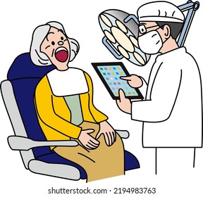 Dentist using a tablet to diagnose an old woman