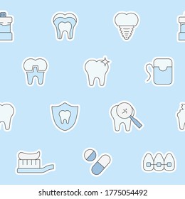 Dentist - Vector color background (seamless pattern) of medicine, tooth, toothbrush, toothpaste, caries and floss for graphic design