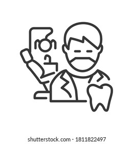 Dentista - diseño de línea vectorial un único icono aislado sobre fondo blanco. Pictograma negro de alta calidad. Imagen de un doctor con una silla detrás. Servicio de salud dental, tratamiento dental, idea