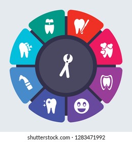 dentist vector template for infographics. Business concept with 9 options, steps, parts, segments. Banner infographic cycling diagram, round chart, Tooth pliers, filling icons