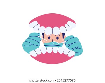 Dentist view through open mouth with dental tools