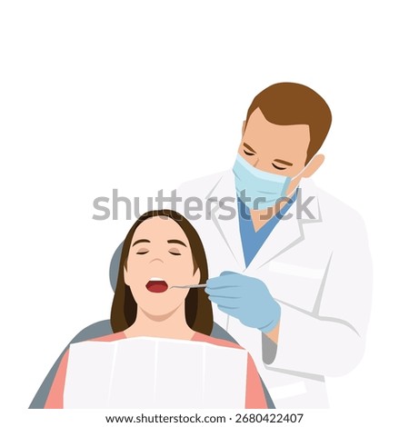 Dentist wearing a mask and gloves while examining a patient teeth in a dental chair. Flat vector illustration isolated on white background