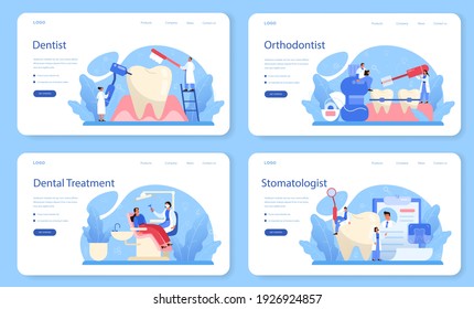 Dentist web banner or landing page set. Dental doctor in uniform treating human teeth using medical equipment. Idea of dental and oral hygiene. Caries treatment. Flat vector illustration