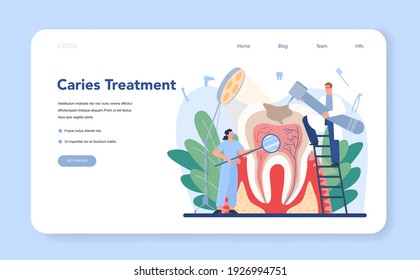 Dentist web banner or landing page. Dental doctor in uniform treating human teeth using medical equipment. Idea of dental and oral care. Caries treatment. Flat vector illustration