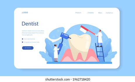 Dentist web banner or landing page. Dental doctor in uniform treating