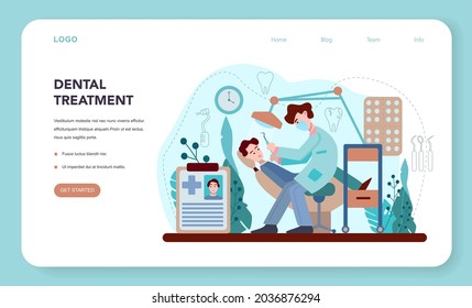 Dentist web banner or landing page. Dental doctor in uniform treating human teeth using medical equipment. Idea of dental and oral care. Caries treatment. Flat vector illustration