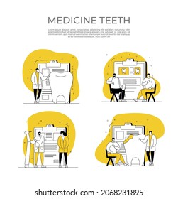 Dentist web banner or landing page set. Dental doctor in uniform treating human teeth using medical equipment. Idea of dental and oral care. Caries treatment. Flat vector illustration