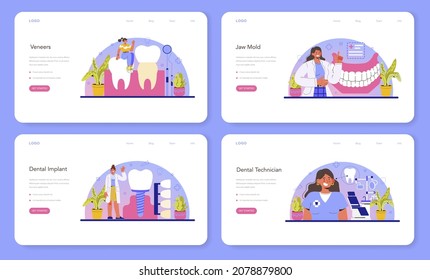 Dentist web banner or landing page set. Dental doctor in uniform treating human teeth using medical equipment. Dental technician setting an implant or veneer. Flat vector illustration