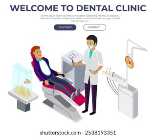 Dentist in white coat attends to patient sitting in a dental chair while holding dental tools. The setting includes a fish tank and advanced dental equipment. Ideal for dental care, healthcare