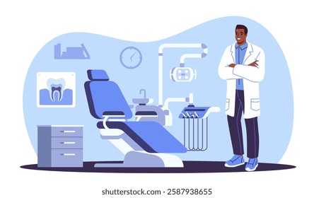 Dentist in white coat standing with folded arms in a modern dental clinic. Blue dental chair, medical equipment, and tooth X-ray on background. Healthcare concept. Vector illustration