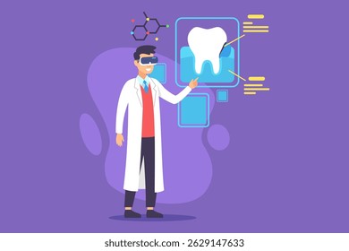Dentist in white coat using augmented reality to demonstrate dental procedure. Man standing confidently while engaging with digital representation of tooth