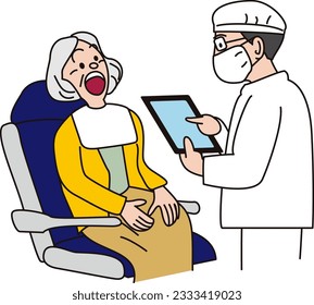 A dentist who diagnoses using a tablet chart and an old woman who is treated