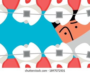Dentist who looks into a patient's mouth. Dental braces and tooth plate. View from the mouth. Flat vector illustration.