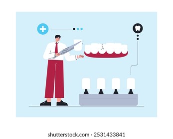 El dentista reemplazará los dientes dañados con dientes postizos, Ilustración vectorial.