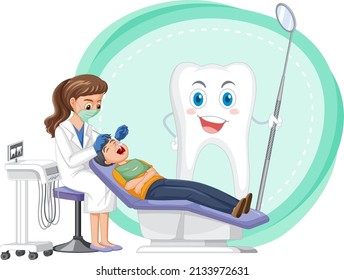 Dentist woman examining patient teeth on white background illustration