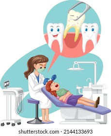 Dentist woman examining patient teeth on white background illustration