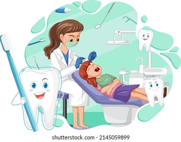 Dentist woman examining patient teeth on white background illustration