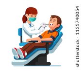 Dentist woman holding instruments and examining patient man teeth looking inside mouth. Patient lying down in dental chair. Teeth examination & dentistry checkup. Flat vector dentist  illustration