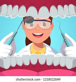 Dentist woman holding instruments examining teeth. Patient mouth inside view checkup of healthy mouth with dentistry tools mirror & dental pick. Teeth dentistry examination. Flat vector illustration