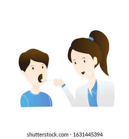Dentist woman holding instruments and examining patient man teeth looking inside mouth. Teeth examination and dentistry checkup. Flat vector dentist illustration