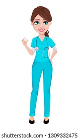 Dentist woman holding model of tooth. Medicine, healthcare concept. Beautiful cartoon character medical doctor. Vector illustration.