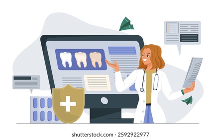 Dentist woman online. Young girl in medical uniform near computer with teeth. Dentistry and stomatology. Healthcare and medicine. Oral treatment and hygiene. Flat vector illustration