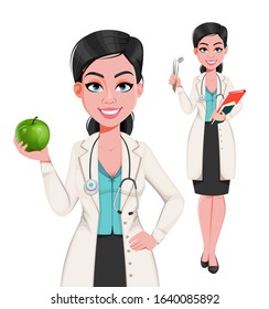 Dentist woman, set of two poses. Attractive confident female doctor cartoon character. Stock vector