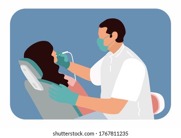 Dentist and woman vector illustration. Dental clinic. Doctor workplace. Dental theme. Dentist chair. Male doctor and woman in a chair. Professional theme. Picture for social networks and posters.