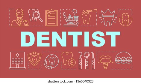 Dentist word concepts banner. Dental care,  dentistry, caries prevention, check up, tooth. Presentation, website. Isolated lettering typography idea with linear icons. Vector outline illustration