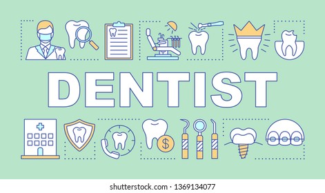 Dentist word concepts banner. Dental office, caries prevention, dentistry, check up, tooth care. Presentation, website. Isolated lettering typography idea with linear icon. Vector outline illustration