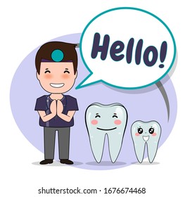 Dentist with word Hello, Cartoon character Dentist Design, Medical worker, Medical concept. Vector illustration design.