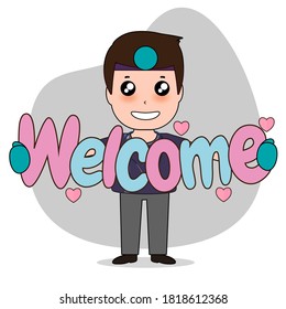 Dentist with word WELCOME, Cartoon character Dentist Design, Medical worker, Medical concept. Vector illustration design.