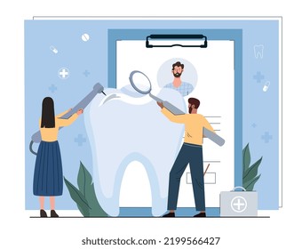 Dentist at work. Man and woman near big tooth, oral hygiene and health care. Medical poster or banner for website. Doctors with patients card make diagnosis. Cartoon flat vector illustration