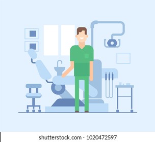 Dentist at work - modern flat design style illustration. Smiling cheerful cartoon character in a dental room with a chair, equipment, appliances. Worker in a medical overall