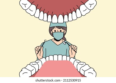 Dentist working in stomatology concept. Young woman doctor dentist in uniform and mask ready to cure clients teeth in open mouth in clinic vector illustration 