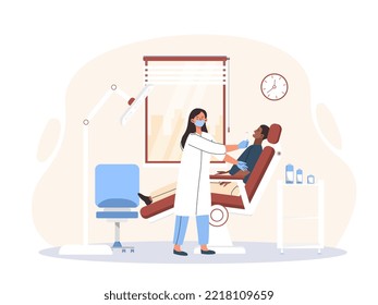 Dentista en el lugar de trabajo. Mujer con abrigo médico en consultorio dental con paciente. Odontología y cuidado oral. Salud e higiene. El hombre llegó a ser profesional. Afiche o pancarta. Dibujo vectorial plano de dibujos animados