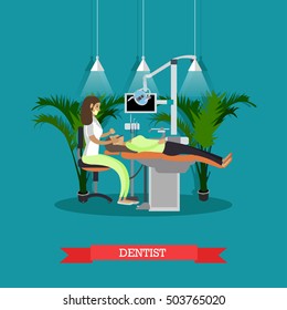 Dentist works with patient vector poster. Dental clinic concept.