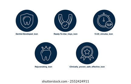 Ícones de sistema branqueador de dentes desenvolvidos por dentista - bandejas prontas para uso, resultados rápidos, rejuvenescimento, clinicamente comprovado